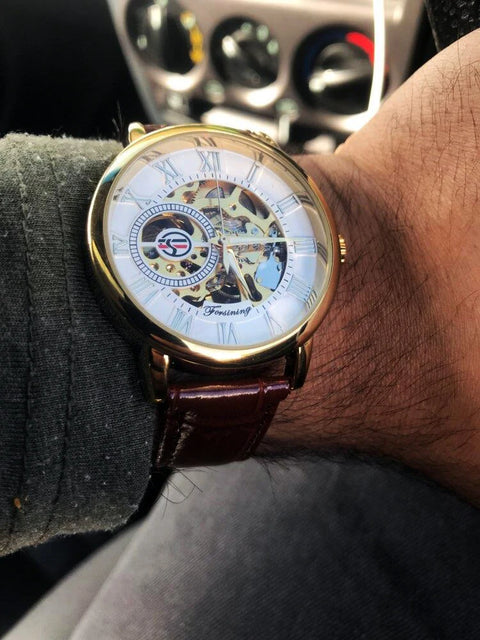 Forsining 3d Logo Design Hollow Engraving Black Gold Case Leather Skeleton Mechanical Watches Men Luxury Brand Heren Horloge