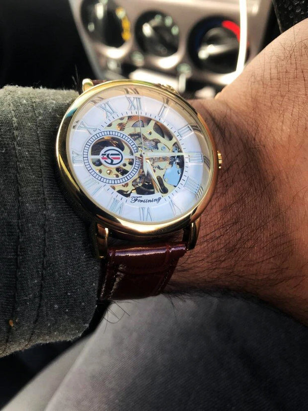 Forsining 3d Logo Design Hollow Engraving Black Gold Case Leather Skeleton Mechanical Watches Men Luxury Brand Heren Horloge