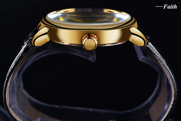 Forsining 3d Logo Design Hollow Engraving Black Gold Case Leather Skeleton Mechanical Watches Men Luxury Brand Heren Horloge