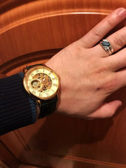 Forsining 3d Logo Design Hollow Engraving Black Gold Case Leather Skeleton Mechanical Watches Men Luxury Brand Heren Horloge