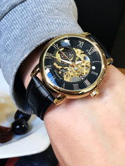 Forsining 3d Logo Design Hollow Engraving Black Gold Case Leather Skeleton Mechanical Watches Men Luxury Brand Heren Horloge
