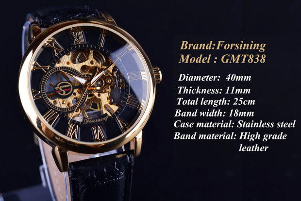 Forsining 3d Logo Design Hollow Engraving Black Gold Case Leather Skeleton Mechanical Watches Men Luxury Brand Heren Horloge