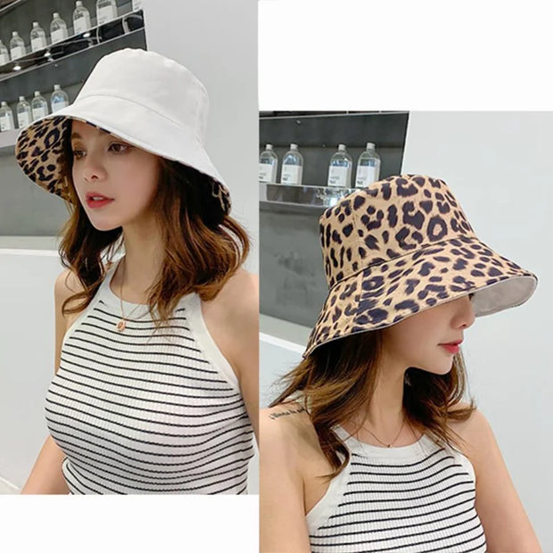Leopard Reversible Bucket Hat Women Beach Panama Sun Hats Outdoor Wedding Party Summer Travel Caps Breathable Cotton Chapeau