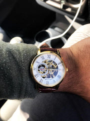 Forsining 3d Logo Design Hollow Engraving Black Gold Case Leather Skeleton Mechanical Watches Men Luxury Brand Heren Horloge