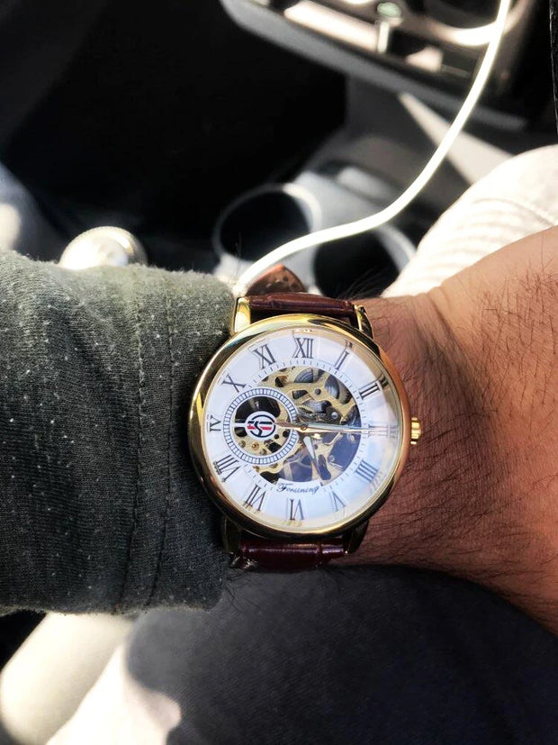 Forsining 3d Logo Design Hollow Engraving Black Gold Case Leather Skeleton Mechanical Watches Men Luxury Brand Heren Horloge