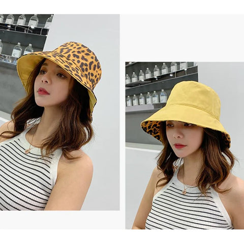 Leopard Reversible Bucket Hat Women Beach Panama Sun Hats Outdoor Wedding Party Summer Travel Caps Breathable Cotton Chapeau