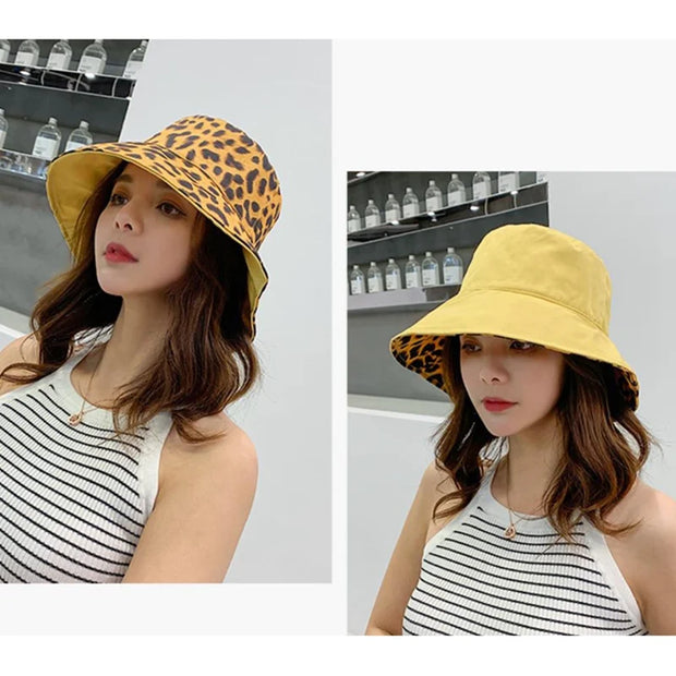 Leopard Reversible Bucket Hat Women Beach Panama Sun Hats Outdoor Wedding Party Summer Travel Caps Breathable Cotton Chapeau