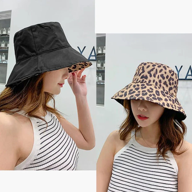 Leopard Reversible Bucket Hat Women Beach Panama Sun Hats Outdoor Wedding Party Summer Travel Caps Breathable Cotton Chapeau