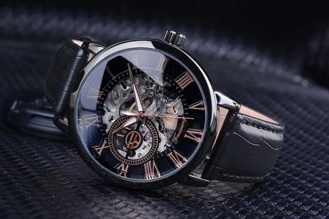 Forsining 3d Logo Design Hollow Engraving Black Gold Case Leather Skeleton Mechanical Watches Men Luxury Brand Heren Horloge