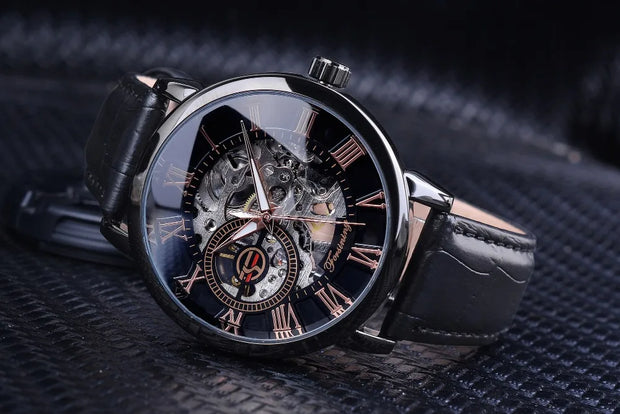Forsining 3d Logo Design Hollow Engraving Black Gold Case Leather Skeleton Mechanical Watches Men Luxury Brand Heren Horloge