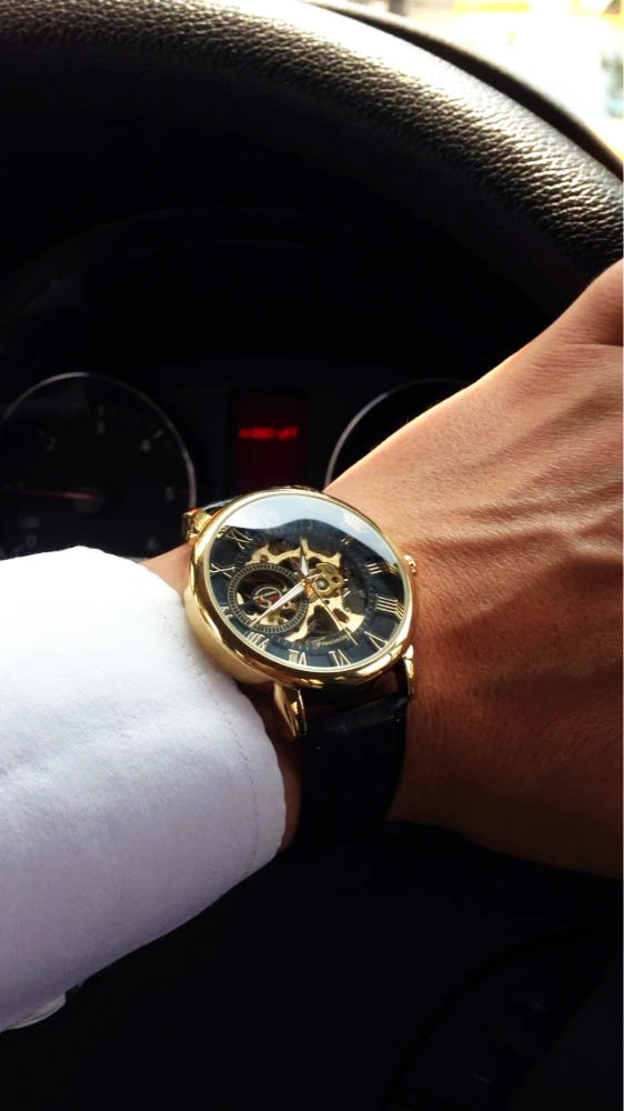 Forsining 3d Logo Design Hollow Engraving Black Gold Case Leather Skeleton Mechanical Watches Men Luxury Brand Heren Horloge