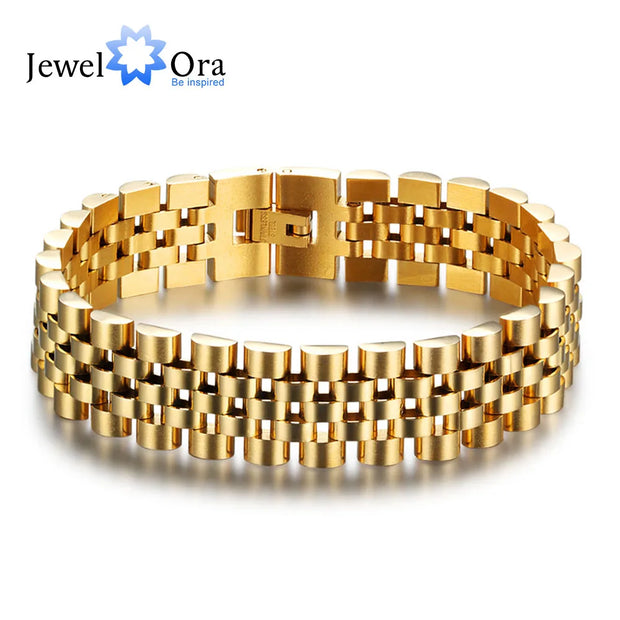 Luxury Gold Color Stainless Steel Bracelet 200mm Wristband Men Jewelry Bracelets Bangles Gift for Him (JewelOra BA101608)