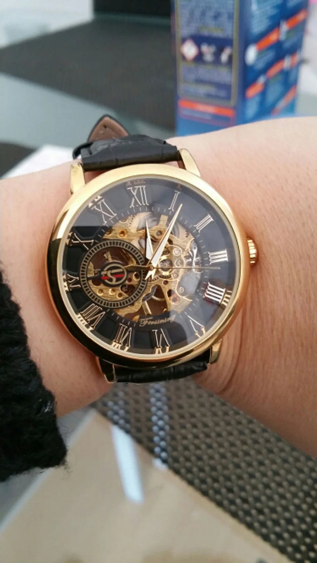 Forsining 3d Logo Design Hollow Engraving Black Gold Case Leather Skeleton Mechanical Watches Men Luxury Brand Heren Horloge