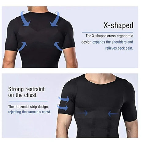 Men Body Toning T-Shirt Body Shaper Corrective Posture Shirt Slimming Belt Belly Abdomen Fat Burning Compression Corset