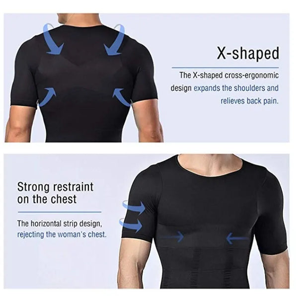 Men Body Toning T-Shirt Body Shaper Corrective Posture Shirt Slimming Belt Belly Abdomen Fat Burning Compression Corset