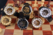 Forsining 3d Logo Design Hollow Engraving Black Gold Case Leather Skeleton Mechanical Watches Men Luxury Brand Heren Horloge