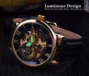 Forsining 3d Logo Design Hollow Engraving Black Gold Case Leather Skeleton Mechanical Watches Men Luxury Brand Heren Horloge