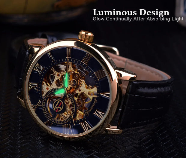 Forsining 3d Logo Design Hollow Engraving Black Gold Case Leather Skeleton Mechanical Watches Men Luxury Brand Heren Horloge