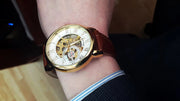 Forsining 3d Logo Design Hollow Engraving Black Gold Case Leather Skeleton Mechanical Watches Men Luxury Brand Heren Horloge