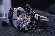Forsining 3d Logo Design Hollow Engraving Black Gold Case Leather Skeleton Mechanical Watches Men Luxury Brand Heren Horloge