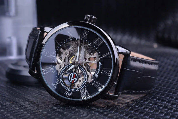 Forsining 3d Logo Design Hollow Engraving Black Gold Case Leather Skeleton Mechanical Watches Men Luxury Brand Heren Horloge