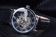 Forsining 3d Logo Design Hollow Engraving Black Gold Case Leather Skeleton Mechanical Watches Men Luxury Brand Heren Horloge