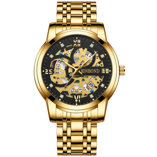 BINBOND Business New Automatic Non-Mechanical Quartz Watches 30M Waterproof Luminous Tourbillon Trendy Hollow Design Men Watches