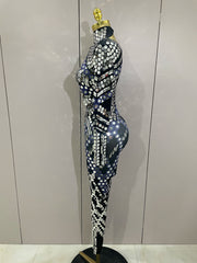 Sexy Shiny Silver Sequins Mirror Black Spandex Jumpsuit 2025 Women Prom Dancer Singer Costume Evening Birthday Show Stage Outfit
