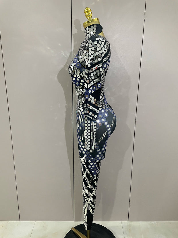 Sexy Shiny Silver Sequins Mirror Black Spandex Jumpsuit 2025 Women Prom Dancer Singer Costume Evening Birthday Show Stage Outfit