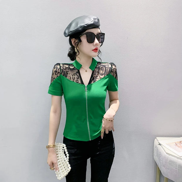 Summer European Clothes Sexy V Necks T-Shirt Women Embroidery Lace Front Zipper Slim Tops