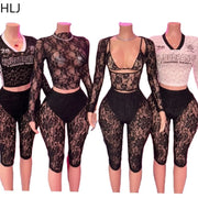 HLJ Y2K Sexy Lace Two Piece Set for Woman Letter Printing See Through Long Sleeve Crop Top + Shorts Suits Female Streetwear New