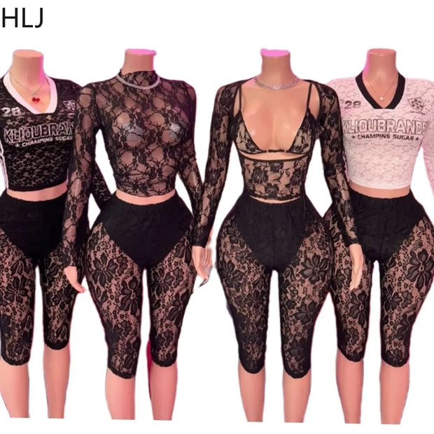 HLJ Y2K Sexy Lace Two Piece Set for Woman Letter Printing See Through Long Sleeve Crop Top + Shorts Suits Female Streetwear New