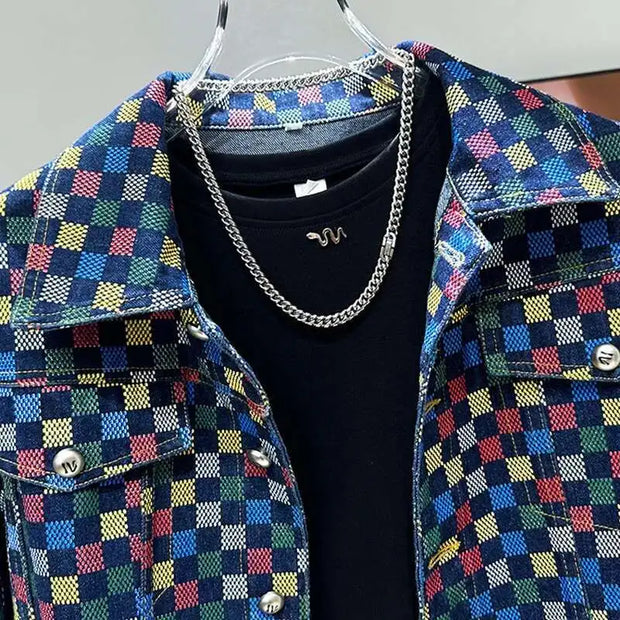 PFHQ Spring Shoulder Pad Short Men's Denim Jacket Design Versatile Turn-down Collar Contrast Color Male Tops 21E3316