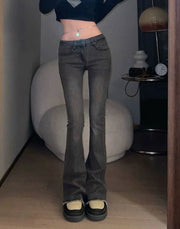 Flare Gray Pants for Woman Bell Bottom Women's Jeans Flared with Pockets Trousers Low Rise Waist 2000s Y2k Good Quality R Summer