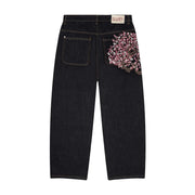 Y2k Vintage Baggy Cherry Blossom Knight Embroidery Jeans Fashion Men Women Streetwear Straight Wide Leg Patchwork Denim Pants