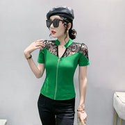 Summer European Clothes Sexy V Necks T-Shirt Women Embroidery Lace Front Zipper Slim Tops