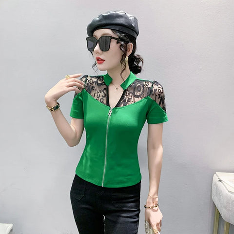 Summer European Clothes Sexy V Necks T-Shirt Women Embroidery Lace Front Zipper Slim Tops
