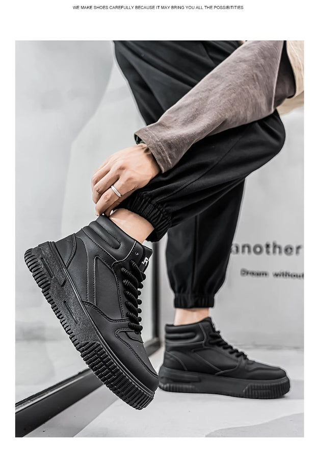 PU Leather Footwear Men Casual Shoes High Top White Breathable Footwear Shock-absorber Platform Hidden Increasing Sneakers