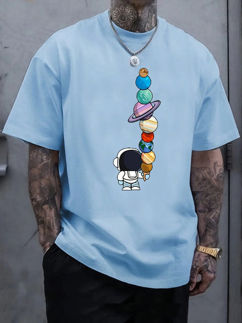 Men's Summer 100% Cotton Fashionable Casual Loose Polyester Astronaut Planet Pattern Printed Round Neck Short Sleeve T-shirt Top