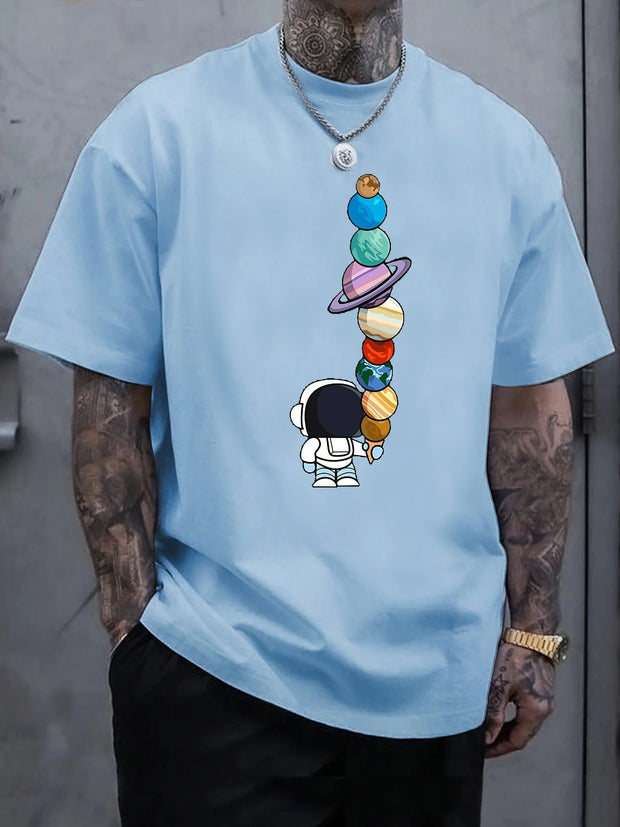 Men's Summer 100% Cotton Fashionable Casual Loose Polyester Astronaut Planet Pattern Printed Round Neck Short Sleeve T-shirt Top