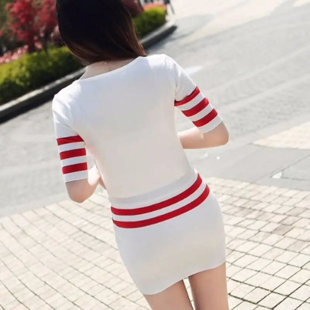 Women's Short Hip Wrap Skirt Suit 2024 Spring Summer New Fashion Stripe Knitted Crop Tops Dress Two Piece Set For Women Clothing