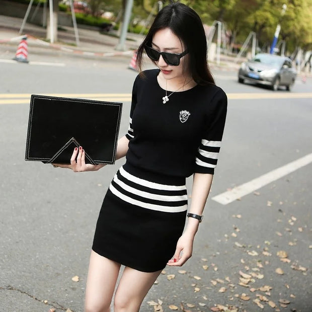 Women's Short Hip Wrap Skirt Suit 2024 Spring Summer New Fashion Stripe Knitted Crop Tops Dress Two Piece Set For Women Clothing