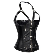 Women Black Fuax Leather Underbust Corset Top with Garters Open Bust Zip Up Bustier Erotic Lingerie Nightwear