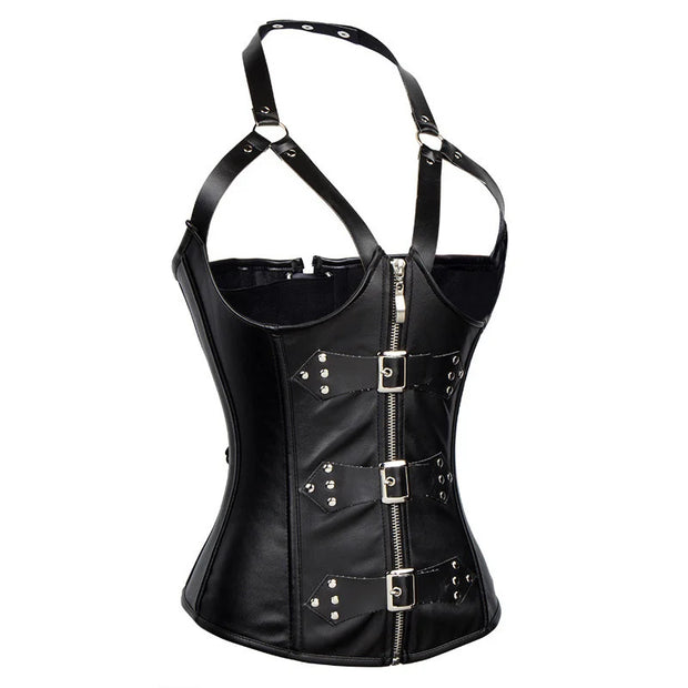 Women Black Fuax Leather Underbust Corset Top with Garters Open Bust Zip Up Bustier Erotic Lingerie Nightwear