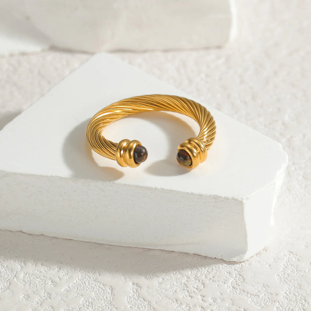 Nextvance Vintage C-shaped Twisty Ring 14K For Women Gold Plated Stainless Steel Inlay Natural Stone Metal Texture Jewelry Gifts
