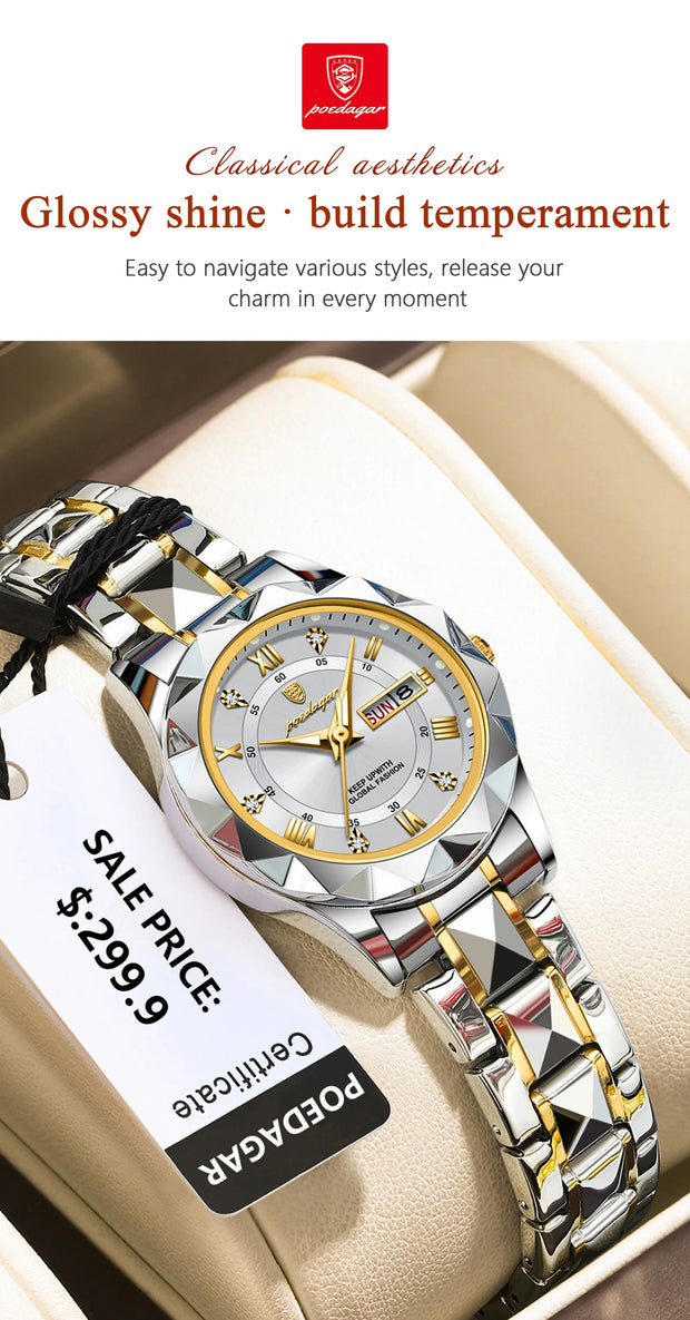 POEDAGAR Luxury Quartz Watch for Ladies Waterproof Luminous Date Week Stainless Steel Women Watches Elegant Dress WristWatch+box