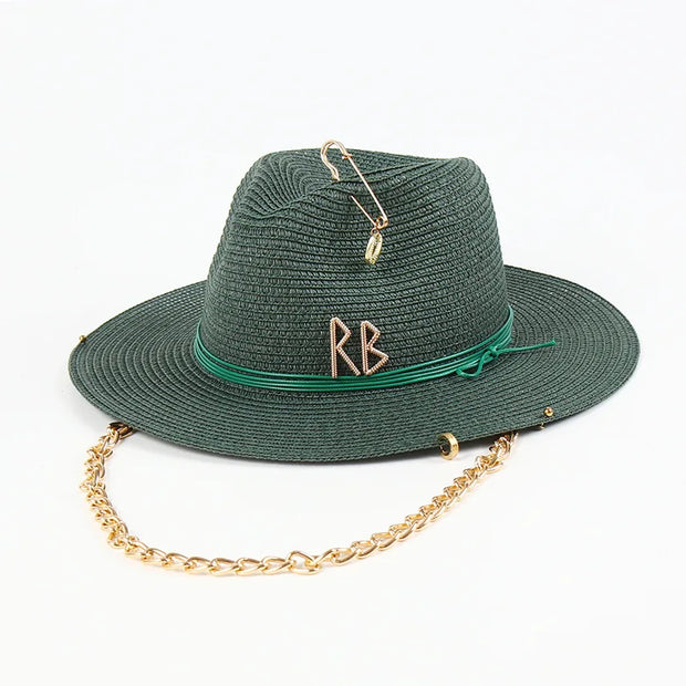 Fashionable Metal Letter Straw Hats for Women Men Summer Outdoor Holidays Beach Sun Hat Panama Hat