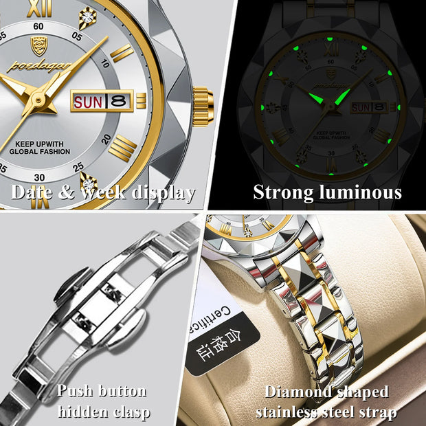 POEDAGAR Luxury Quartz Watch for Ladies Waterproof Luminous Date Week Stainless Steel Women Watches Elegant Dress WristWatch+box