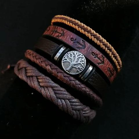 Punk Casual Bead6 Pc/set Tree Black Khaki Handmade Men Bracelets Male Women Leather Bracelets Men Bangle Wholesale Jewelry Gift