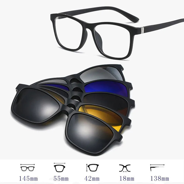 HDCRAFTER 6 In 1 Magnet Polarized Clip Glasses Frame Men TR90 Optical Myopia Clip Glasses For Men Prescription Eyeglasses Frame